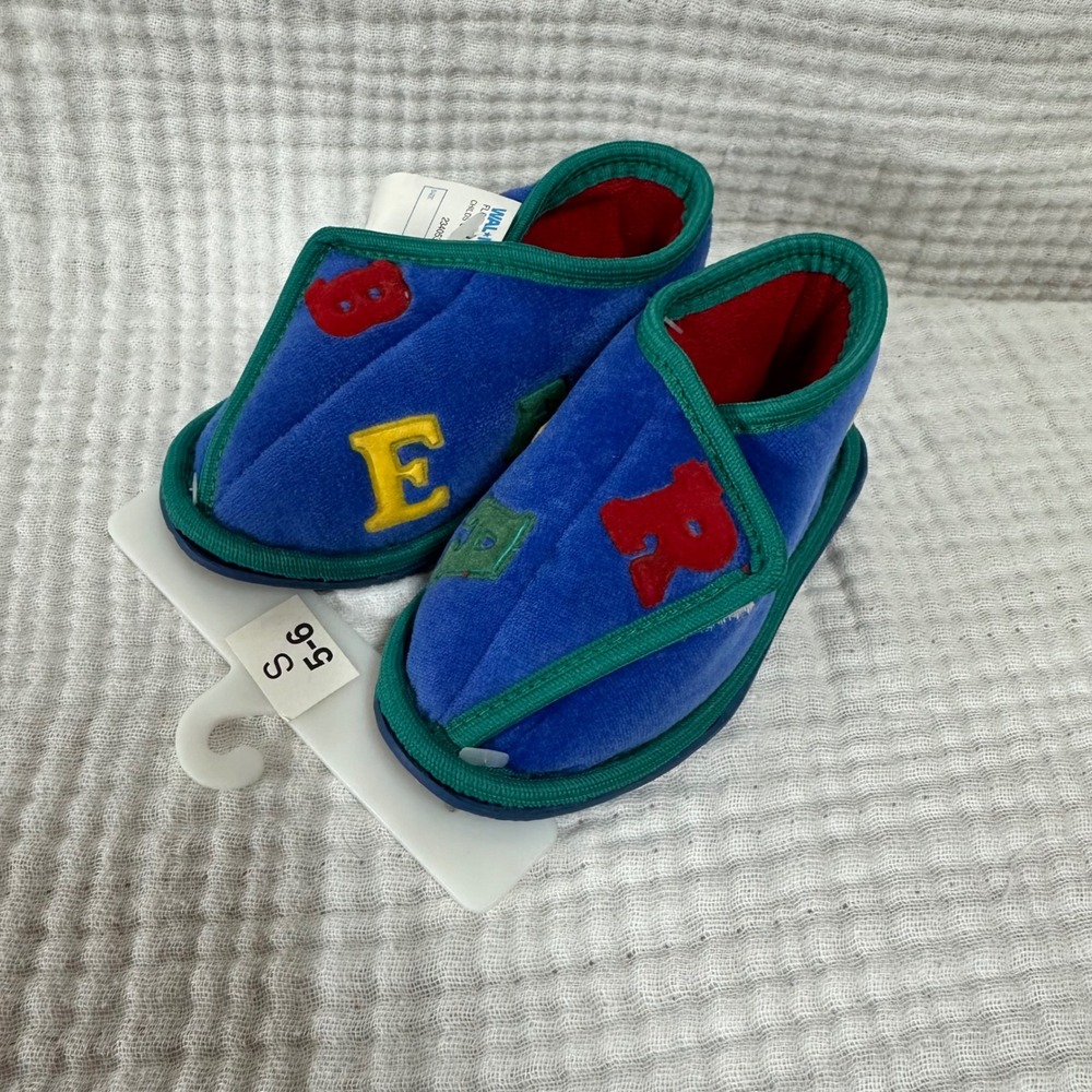 VTG 90s Baby Slippers Shoes Size 5/6 S  Blue Children alphabet bear Fabric  NWT